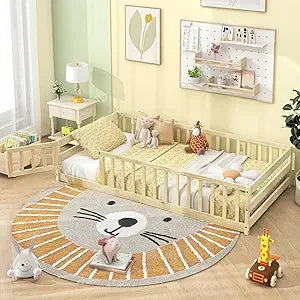 Giantex Twin Floor Bed with Door & Fence, Kids Wood Montessori Bed with Safety Guardrails, Floor Bed Frame for Kids, Boys, Girls