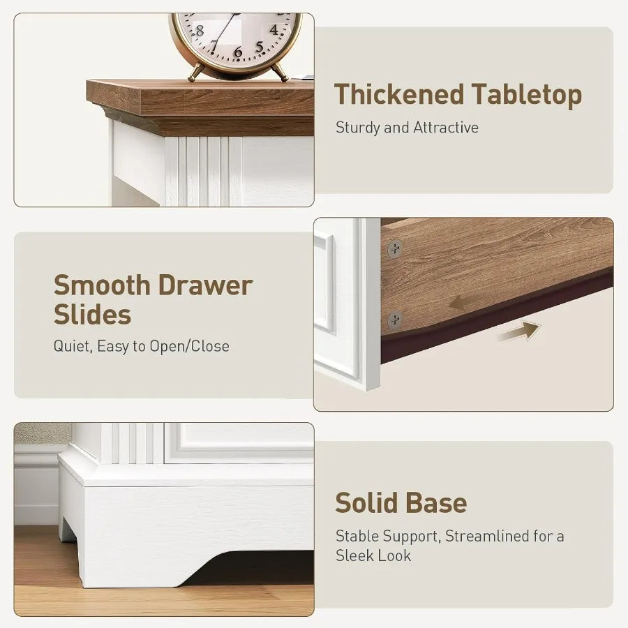 Large farmhousestyle end table with integrated charging station featuring drawers and open shelf for enhanced storage ideal for