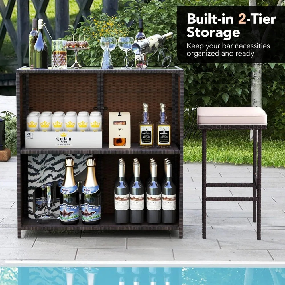 3 Piece Patio Bar Set, Outdoor Rattan Bar Table and 2 Stools with Tempered Glass Tabletop, 2-Tier Storage, Removable Cushions,