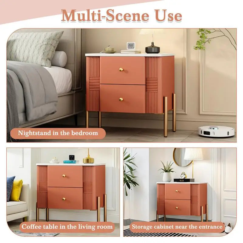 Modern Nightstand with 2 Storage Drawers, Fluted Side Table with Gold Handles and Legs, End Table for Living Room and Bedroom,