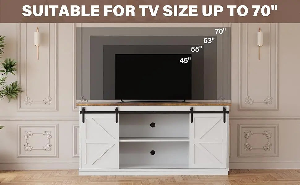 TV Stand for Televisions up to 65 Inchs, with Sliding Barn Doors and 4 Storage Drawers, Console Table and Media Furniture