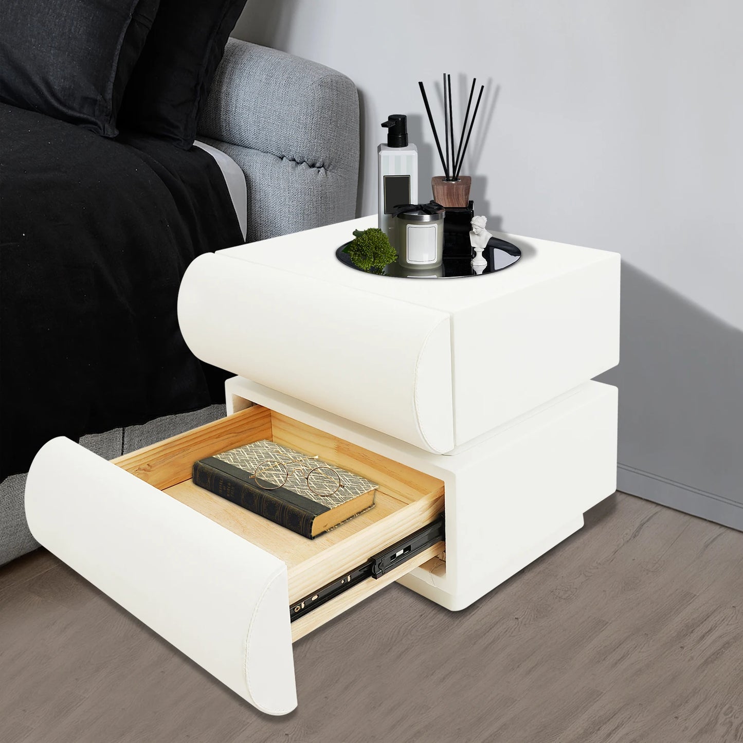 Modern Creamy White Nightstand Bedside Table End Table With 2 Drawers For Study, Bedroom, And Living Room