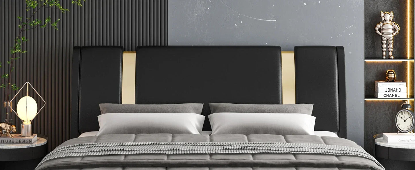 Modern Faux Leather Upholstered Platform Bed Frame with Golden Iron Metal Decor, No Box Spring Needed, Queen Size