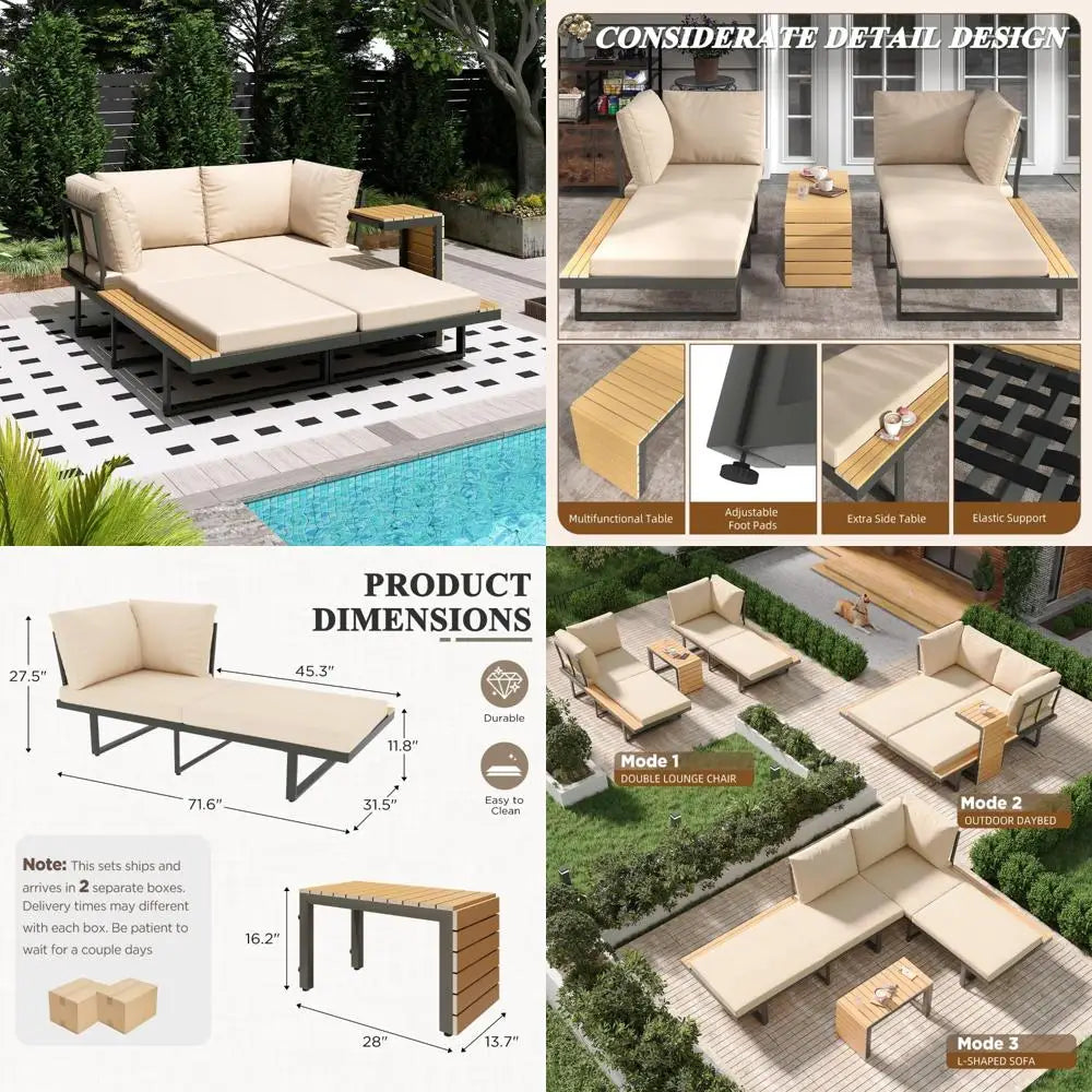 Metal Patio Furniture Set, Convertible Outdoor Daybed with Coffee Table, 3 Piece Modern Sectional Conversation Sofa Couch, Beig