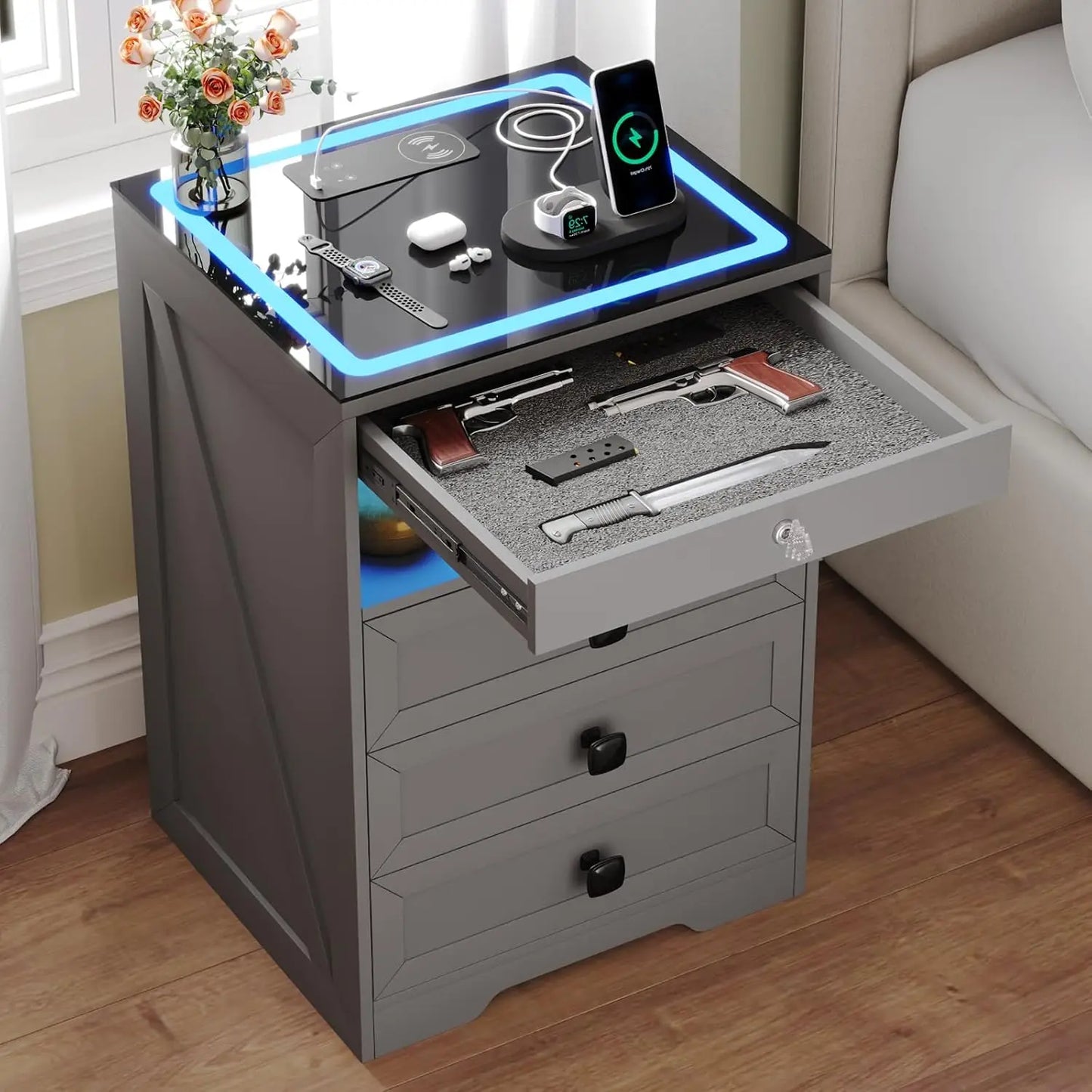 Smart Nightstand with Lockable Gun Drawer,Farmhouse Bedside Table with Charging Station and 3 LED Lights, Modern Night Stand