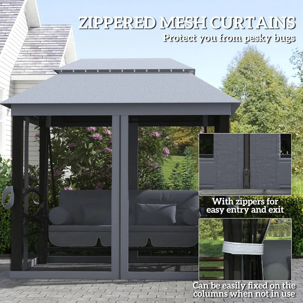3-Seat Patio Swing Chair, Outdoor Gazebo Swing with Double Tier Canopy, Mesh Sidewalls, Cushioned Seat and Pillows, Gray