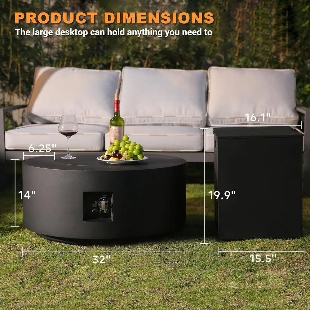 3-Piece Outdoor Fire Pit Table, 32 Inch Propane Fire Table 65,000 BTU Black Round Gas Firepit, Baking Sheet, Wind Guard and 16 i