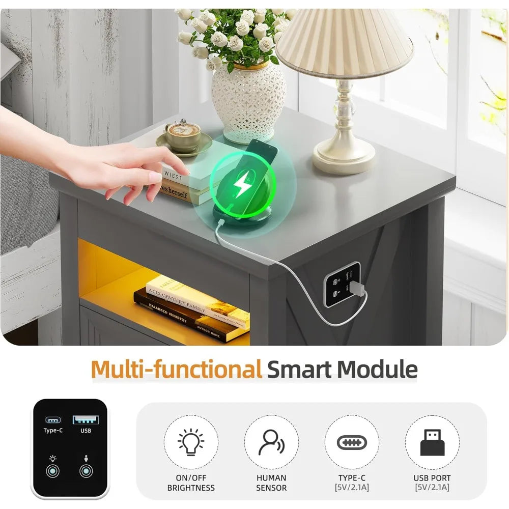 Lockable Gun Drawer Nightstand, 3-Color Dimmable LED End Table with Charging Port, Bedside Table with Human Sensor