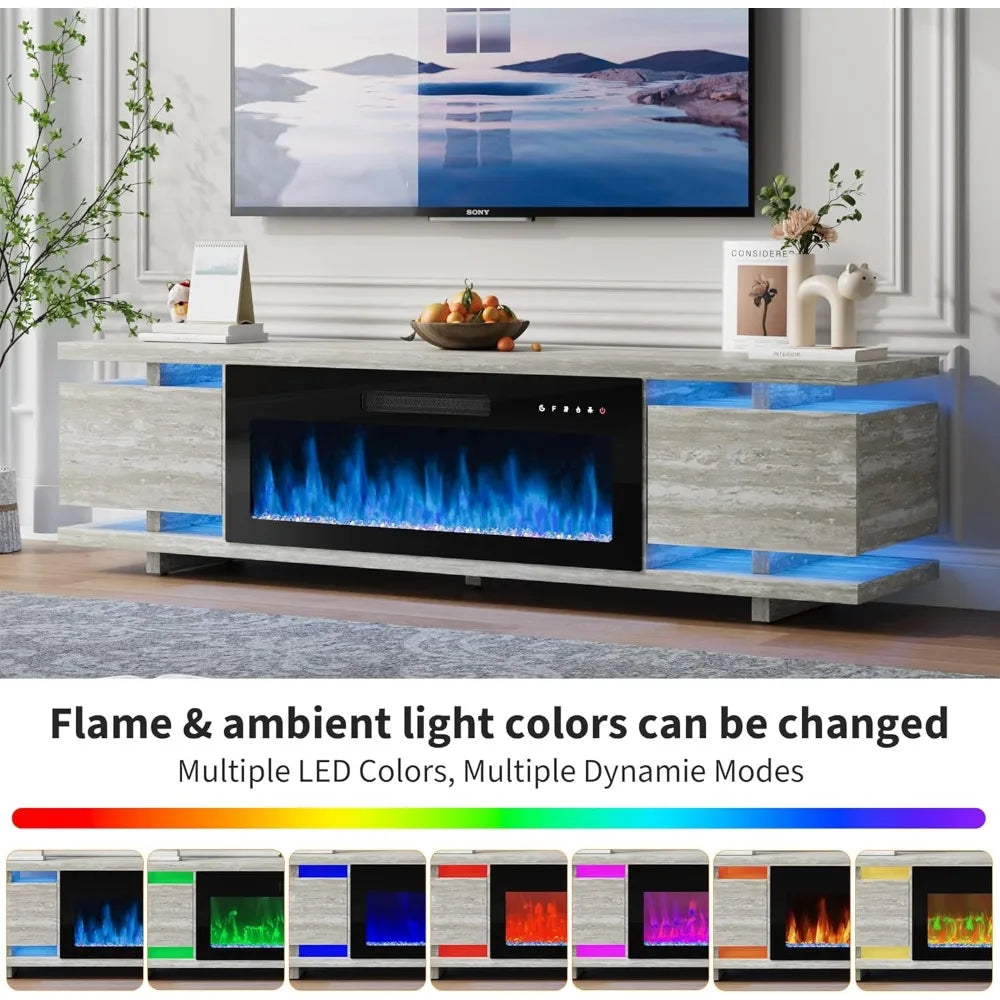 Fireplace TV Stand with 36" Electric Fireplace, LED Light Entertainment Center, TV Cabinet for TVs Up to 80", Modern Marble