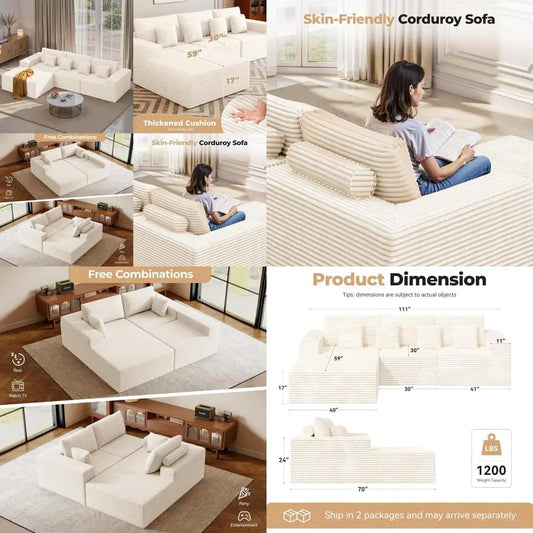110” cloud sectional couch, boneless sofa for living room, modular sectional sofa with deep seat, comfy fluffy couch with l-shap