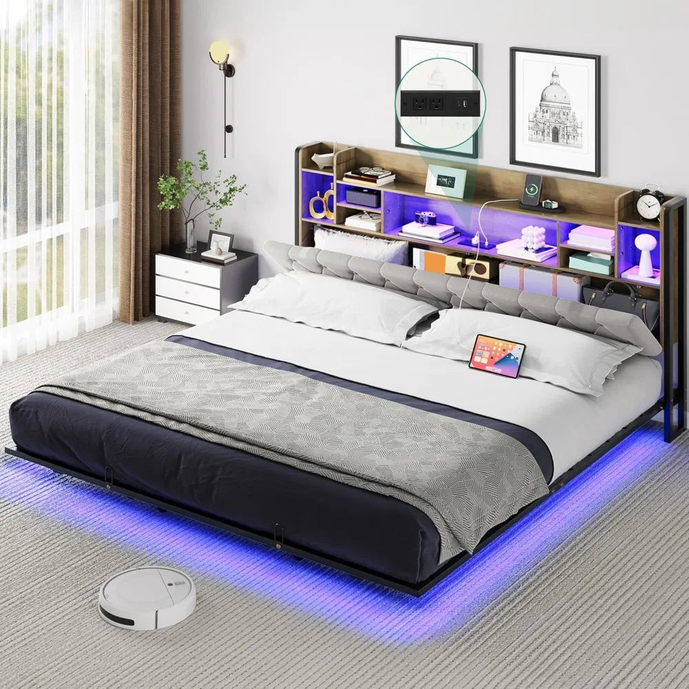 LED King Size Floating Bed Frame with Headboard Storage and Charging Station, Upholstered Platform, No Box Spring Needed