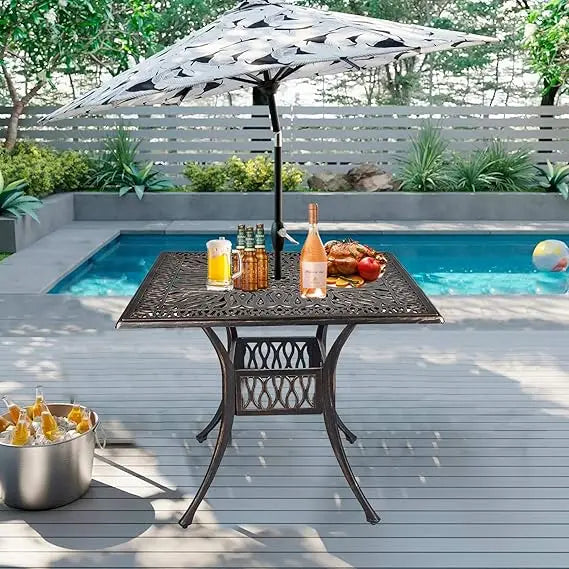 patio dining table 35.4" cast aluminum square table outdoor bistro table with 2.0" umbrella hole for backyard, garden or porch,