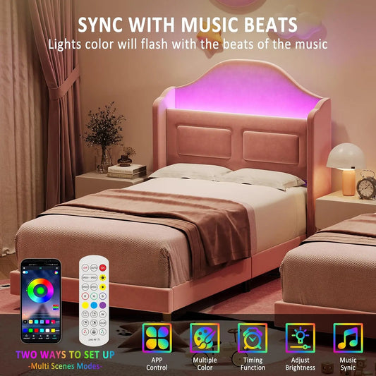 Upholstered Twin Bed Frame with LED Lights, Velvet Platform Bed Frame with Wing Back Storage Headboard, Wood Slats Support, No B