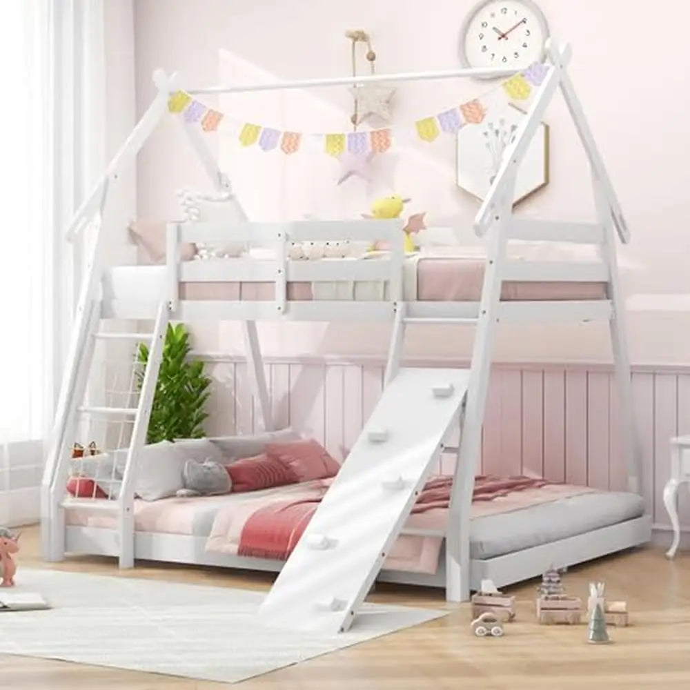 House-Shaped Twin Over Queen Bunk Bed with Climbing Nets and Ramp Creative Design Kids Space-saving Wooden Bed Safety Guardrail