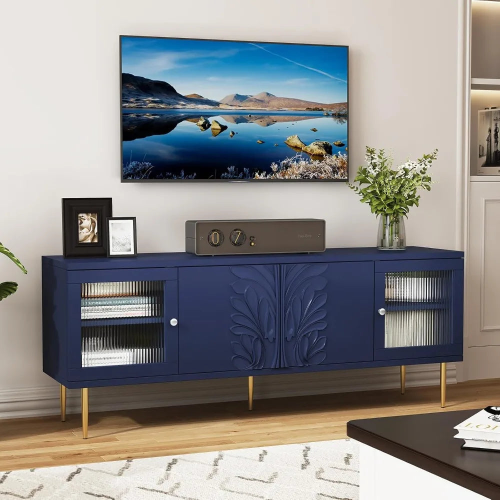 TV Stand for TVs up to 75 Inches, Mid Century Modern Entertainment Center with 3D Flower Pattern, Wood Media Console