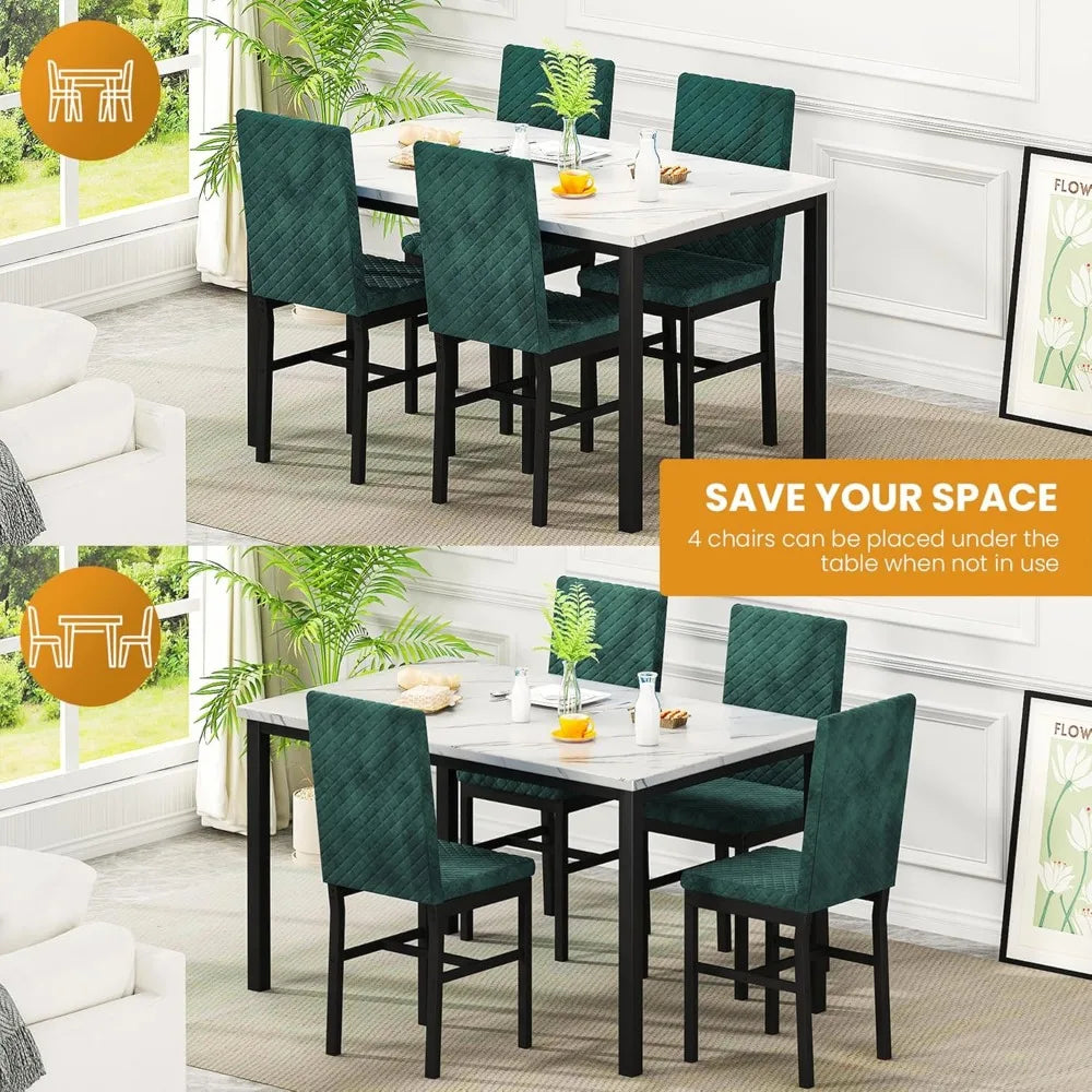 Dining Table and Chairs Set of 4, Faux Marble Dinner Table with 4 Upholstered Velvet Chairs, Kitchen Dining Room (White & Green
