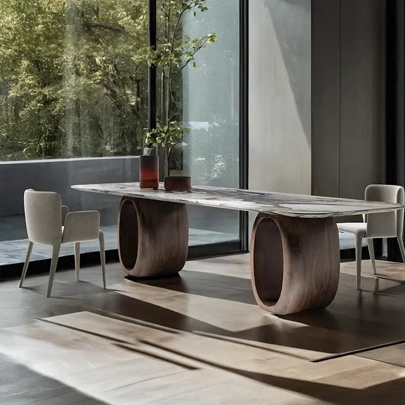 Luxury Natural Marble Dining Table, Rectangle Italian Modern Design with Walnut Wood, Customizable Designer Table for Villa
