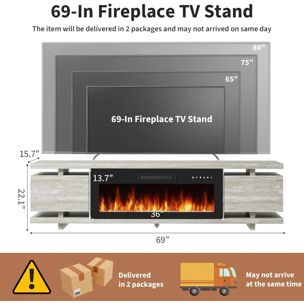 Fireplace TV Stand with 36" Electric Fireplace, LED Light Entertainment Center, TV Cabinet for TVs Up to 80", Modern Marble