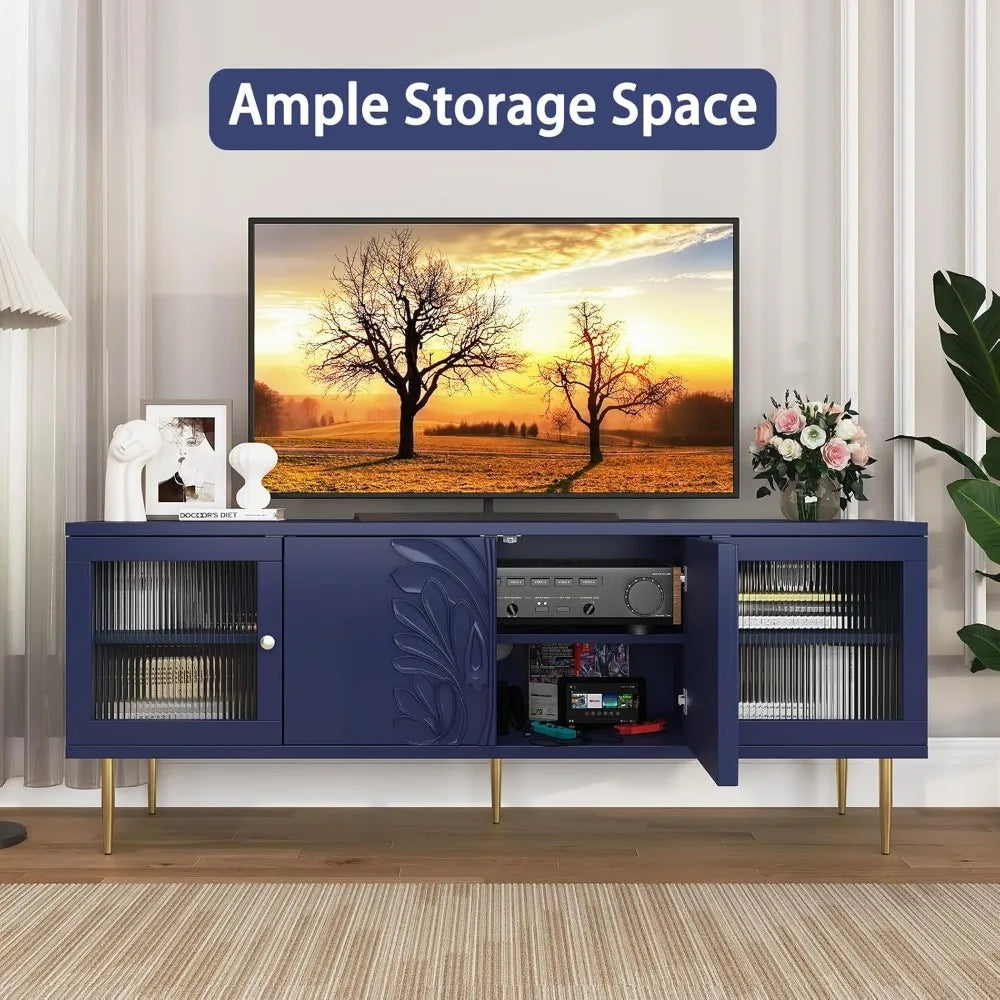 TV Stand for TVs up to 75 Inches, Mid Century Modern Entertainment Center with 3D Flower Pattern, Wood Media Console