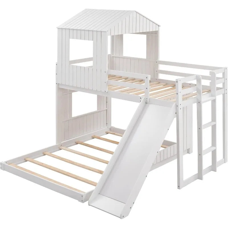 Merax Twin Over Full Bunk Bed Frames Loft Bed with Slide, House Roof, Window and Safety Guardrails for Boys or Girls, White