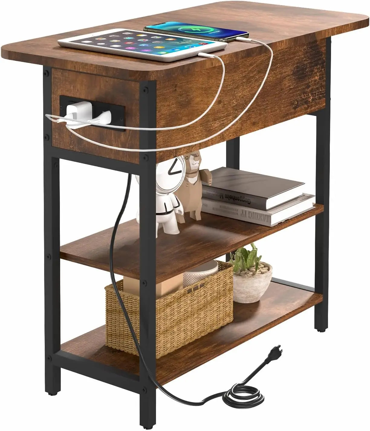 End Table w/Charging Station, Flip Top Side Table with USB Ports and Outlets, Narrow Nightstand with Storage Shelves,nightstands