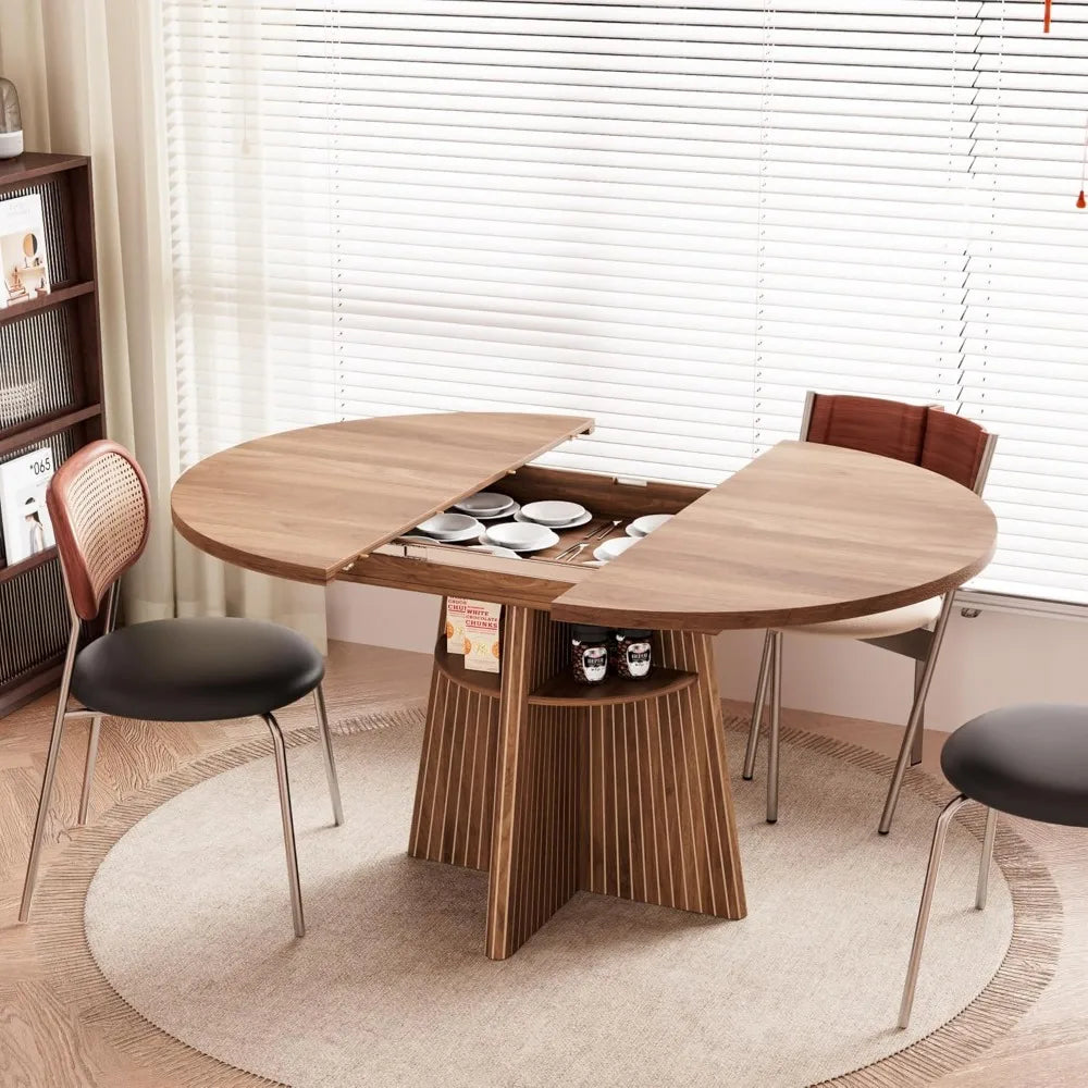 expandable round dining table for 4-8, modern oval kitchen table with fluted base