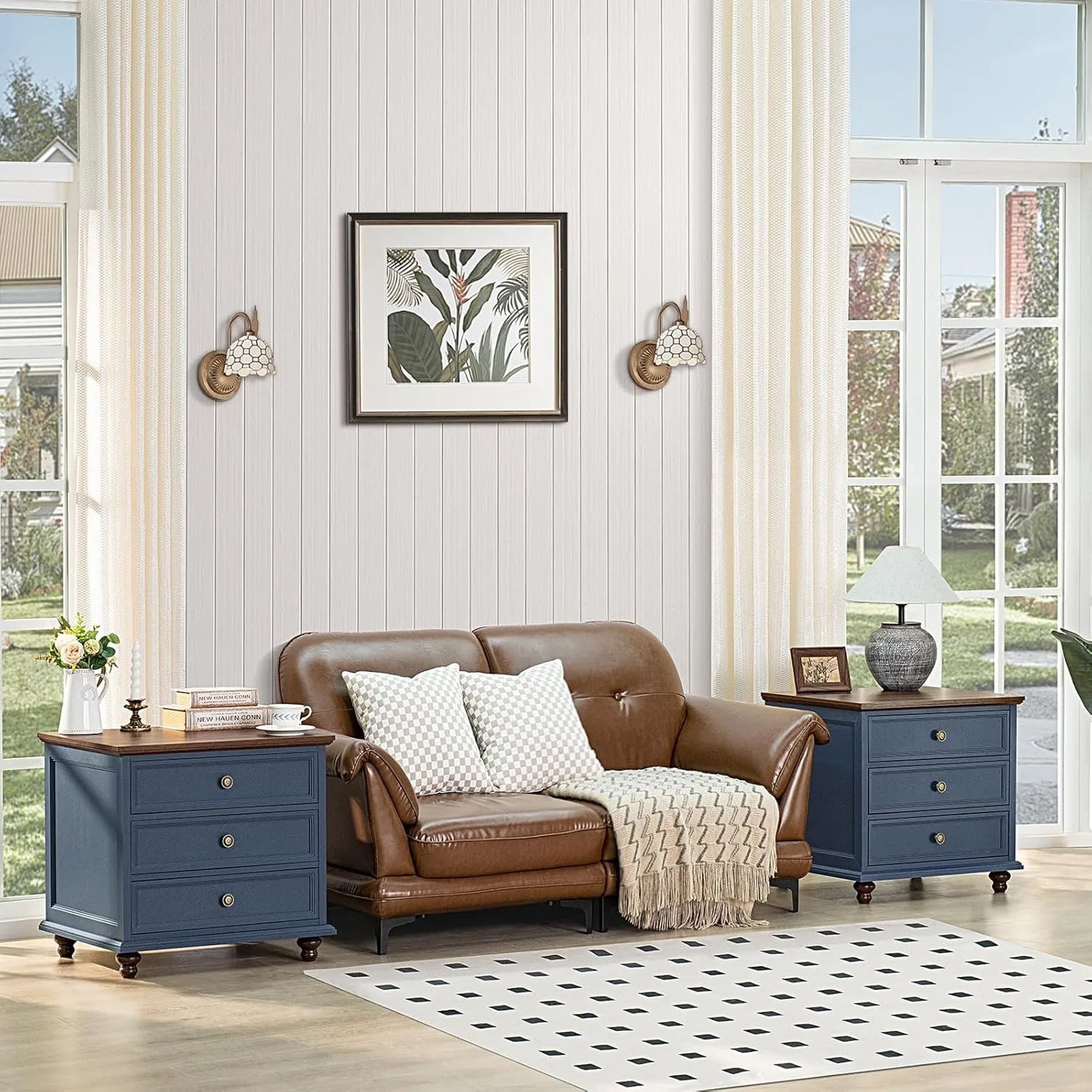 24" Wide Farmhouse Night Stand,Large End Table with 3 Drawers & Metal Handle,Navy Blue Dresser for Bedroom, Wood Bed Side Table