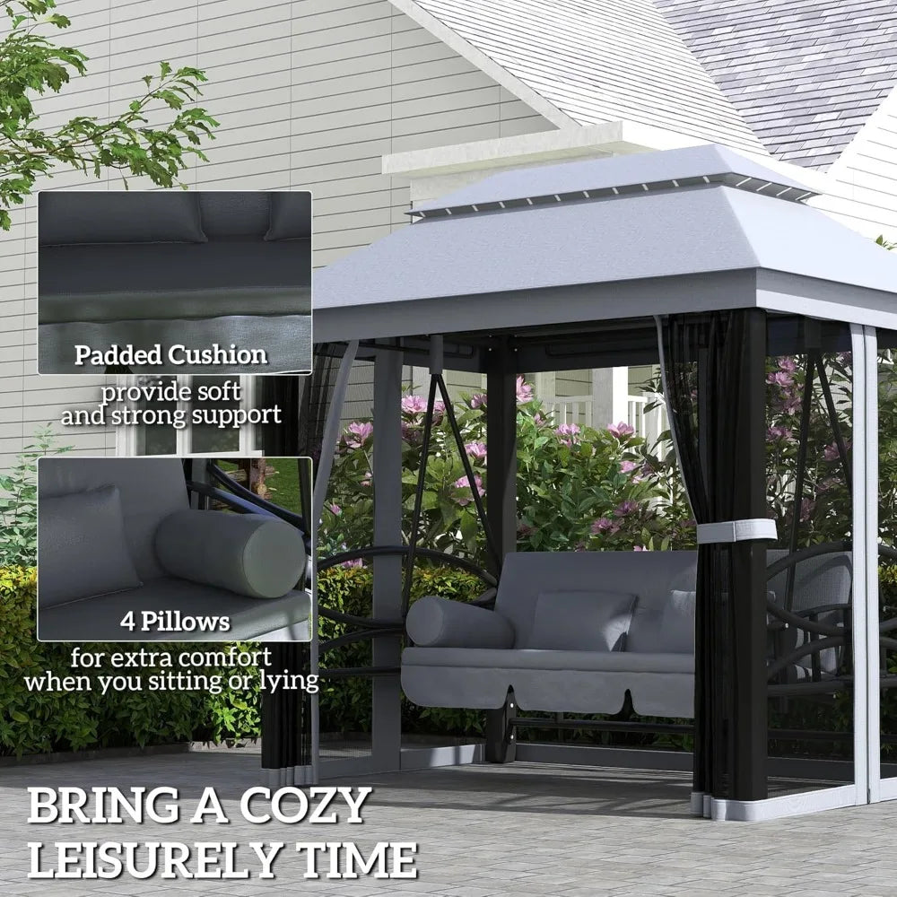 3-Seat Patio Swing Chair, Outdoor Gazebo Swing with Double Tier Canopy, Mesh Sidewalls, Cushioned Seat and Pillows, Gray