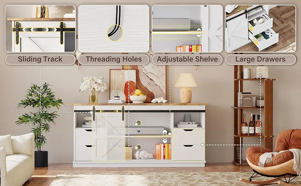 TV Stand for Televisions up to 65 Inchs, with Sliding Barn Doors and 4 Storage Drawers, Console Table and Media Furniture