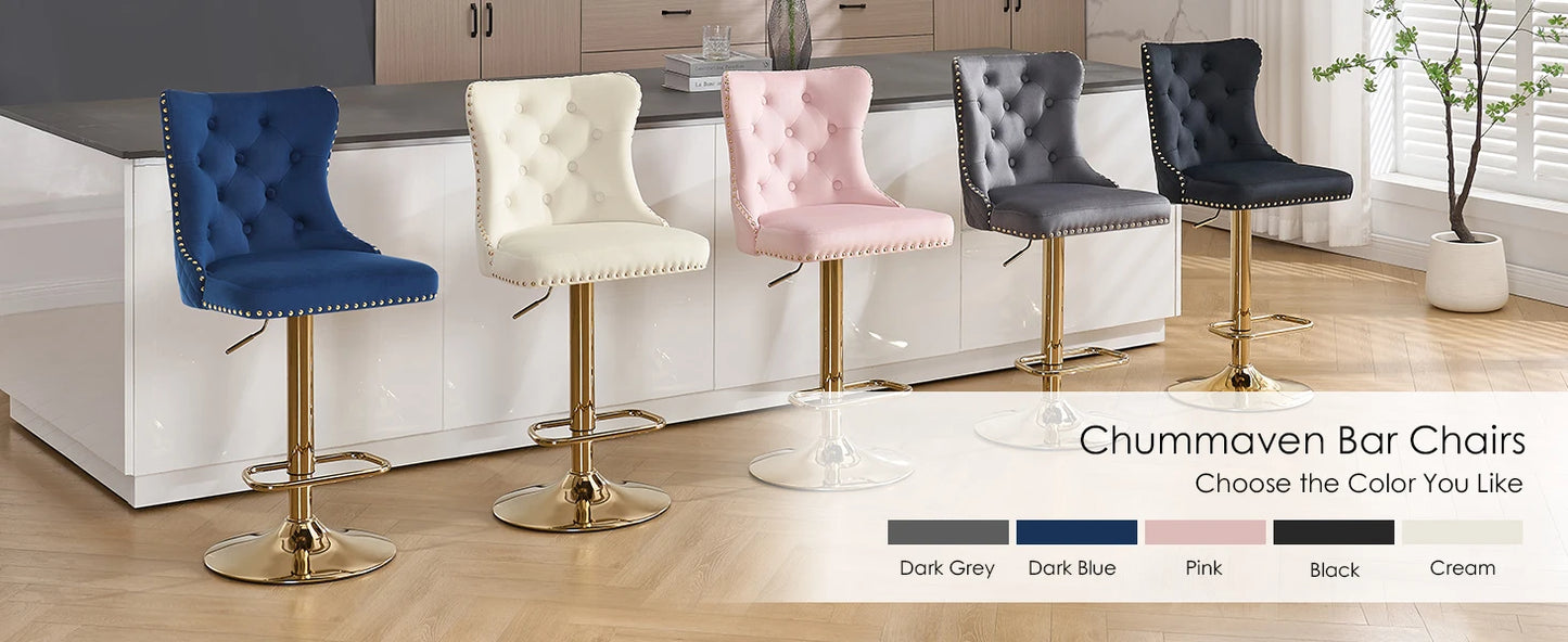Gold Bar Stools Set of 6,  Velvet Tufted Barstools Upholstered Bar Height Chairs for Kitchen Island, Dining Room, Cafe, Cream