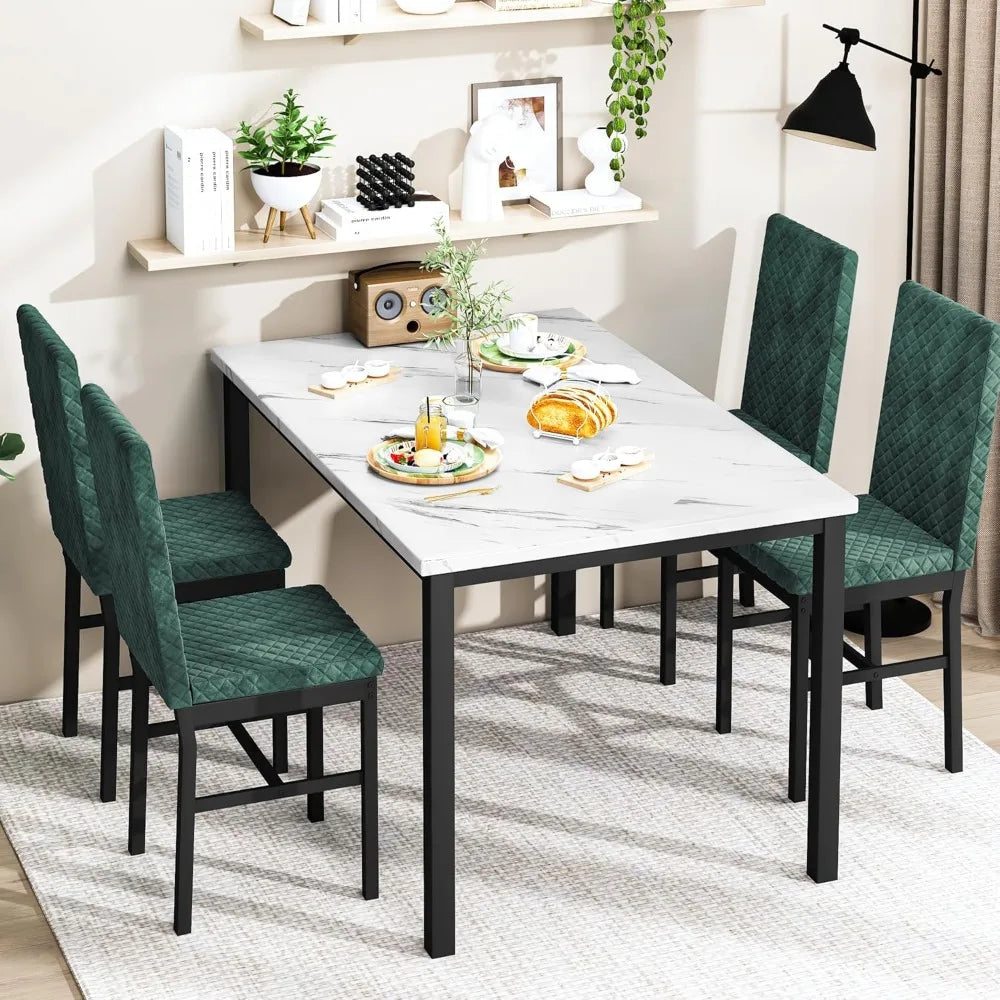Dining Table and Chairs Set of 4, Faux Marble Dinner Table with 4 Upholstered Velvet Chairs, Kitchen Dining Room (White & Green