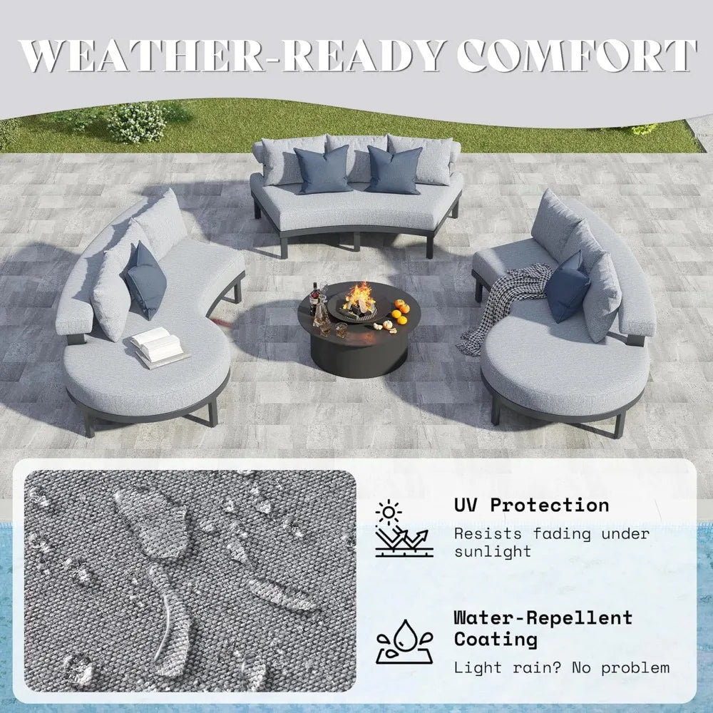 10 Seats Aluminum Patio Furniture Set, Outdoor Sectional Sofa with 6" Cushions, Modular Curved Conversation Set, All-Weather Fur