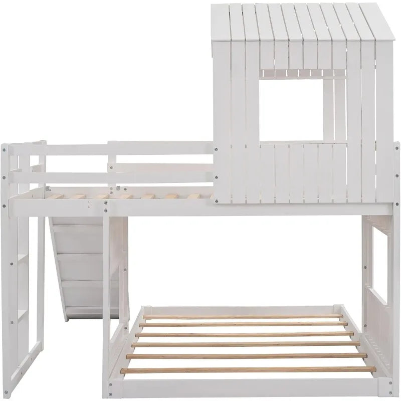 Merax Twin Over Full Bunk Bed Frames Loft Bed with Slide, House Roof, Window and Safety Guardrails for Boys or Girls, White