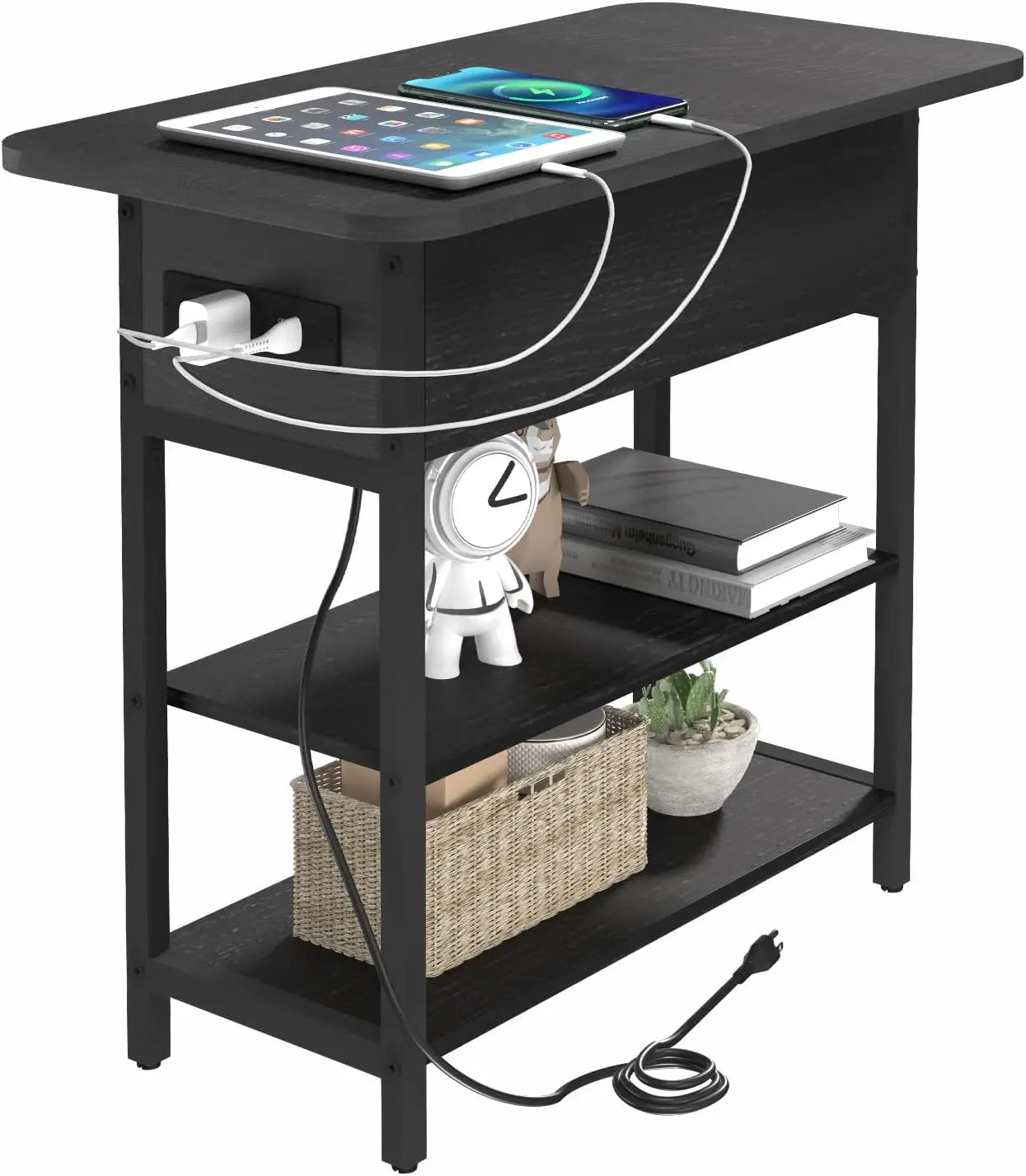 End Table w/Charging Station, Flip Top Side Table with USB Ports and Outlets, Narrow Nightstand with Storage Shelves,nightstands