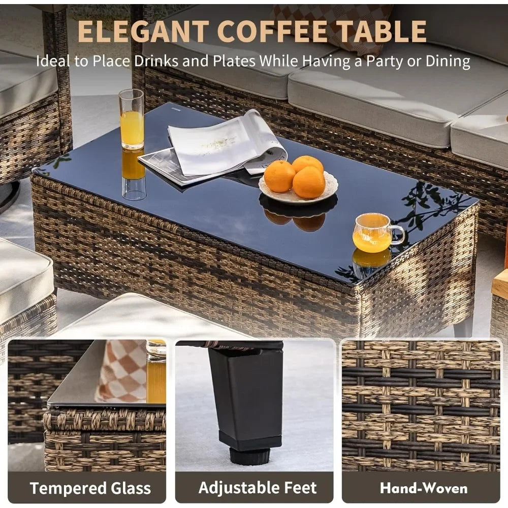 7 Pieces Patio Furniture Sets,PE Wicker Outdoor Furniture Conversation Sets with 2 Wood Armrests Swivel Rocker Chairs