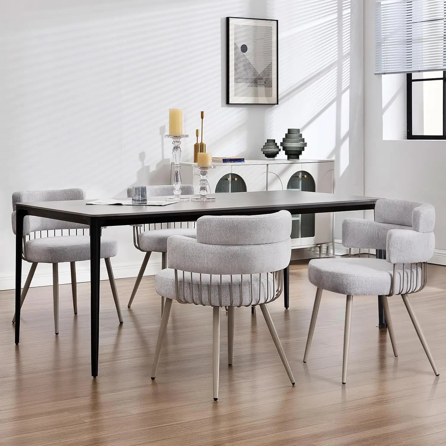 Dining Chairs Set of 4, Mid Century Upholstered Fabric Kitchen Chair w/Metal Legs, Comfy Curved Back Accent Arm Chair