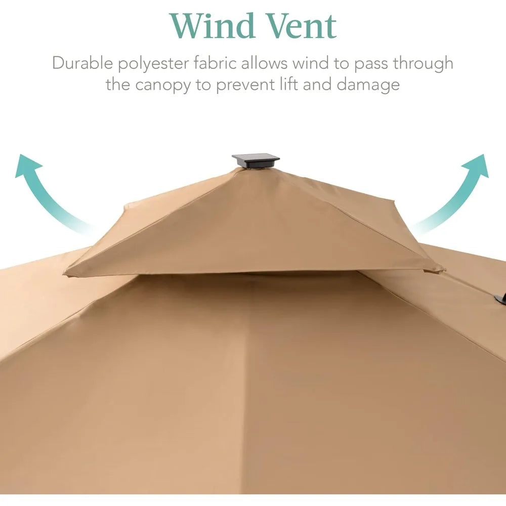 10x10ft Cantilever Patio Umbrella, w/Base Included, Solar LED Lights 360 Rotation Large Offset Hanging Outdoor Shade w/Stand