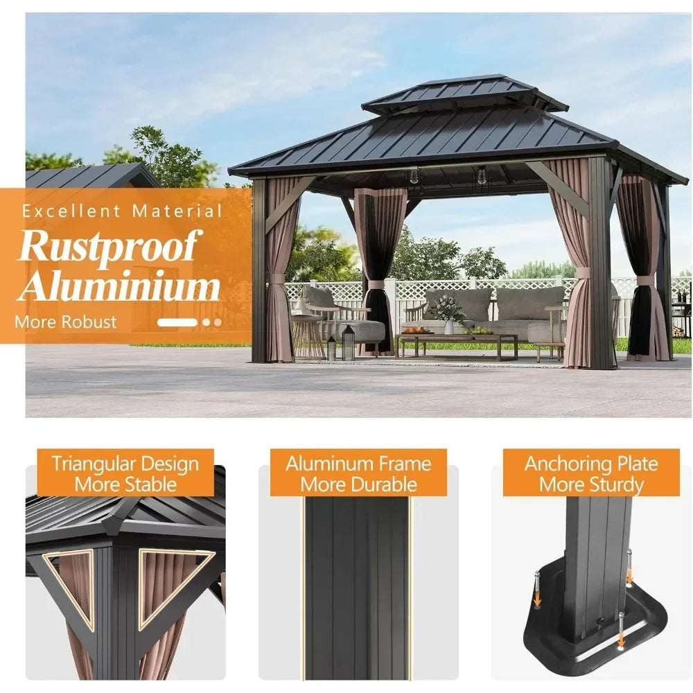 10'x12' Outdoor Hardtop Gazebo with Double Roof - Heavy-Duty Galvanized Steel Top Aluminum Frame Gazebo with Breathable Netting