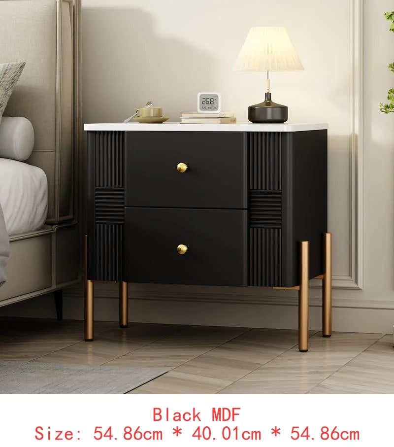 Modern Nightstand with 2 Storage Drawers, Fluted Side Table with Gold Handles and Legs, End Table for Living Room and Bedroom,