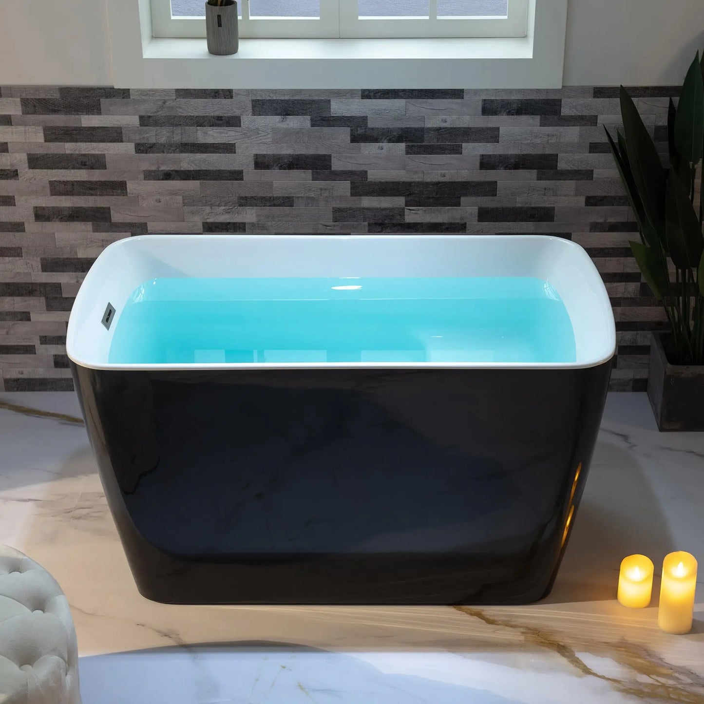 49'' Acrylic Freestanding Soaking Bathtub, Square-shape Japanese Soaking Hot Tub, Sit-In Design with Chrome Overflow