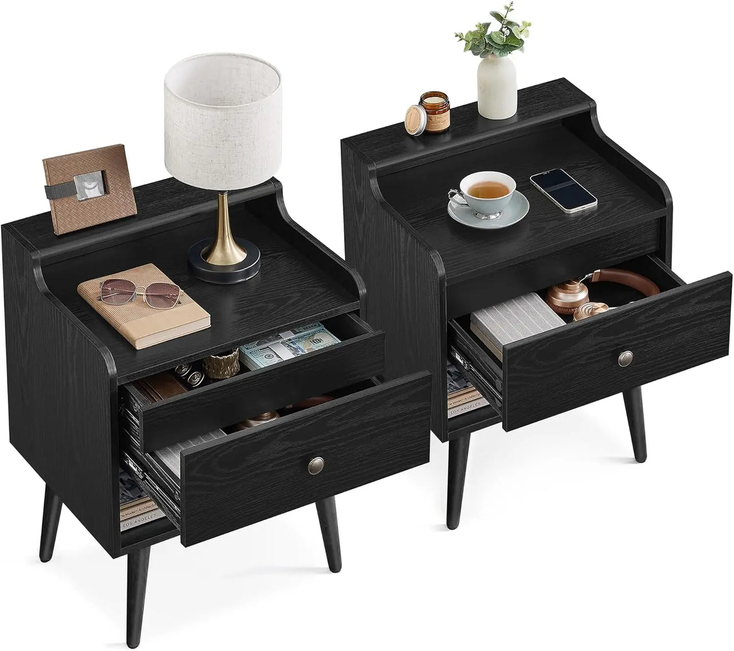 Nightstands, Set of 2, Bedside Tables with Hidden Drawers, Mid-Century End Side Tables with Solid Wood Legs, for Bedroom