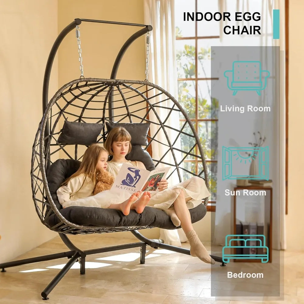 Double Egg Swing Chair with Stand, 2 Person Outdoor Indoor Hammock Hanging Chair with Cushion for Patio Living Room
