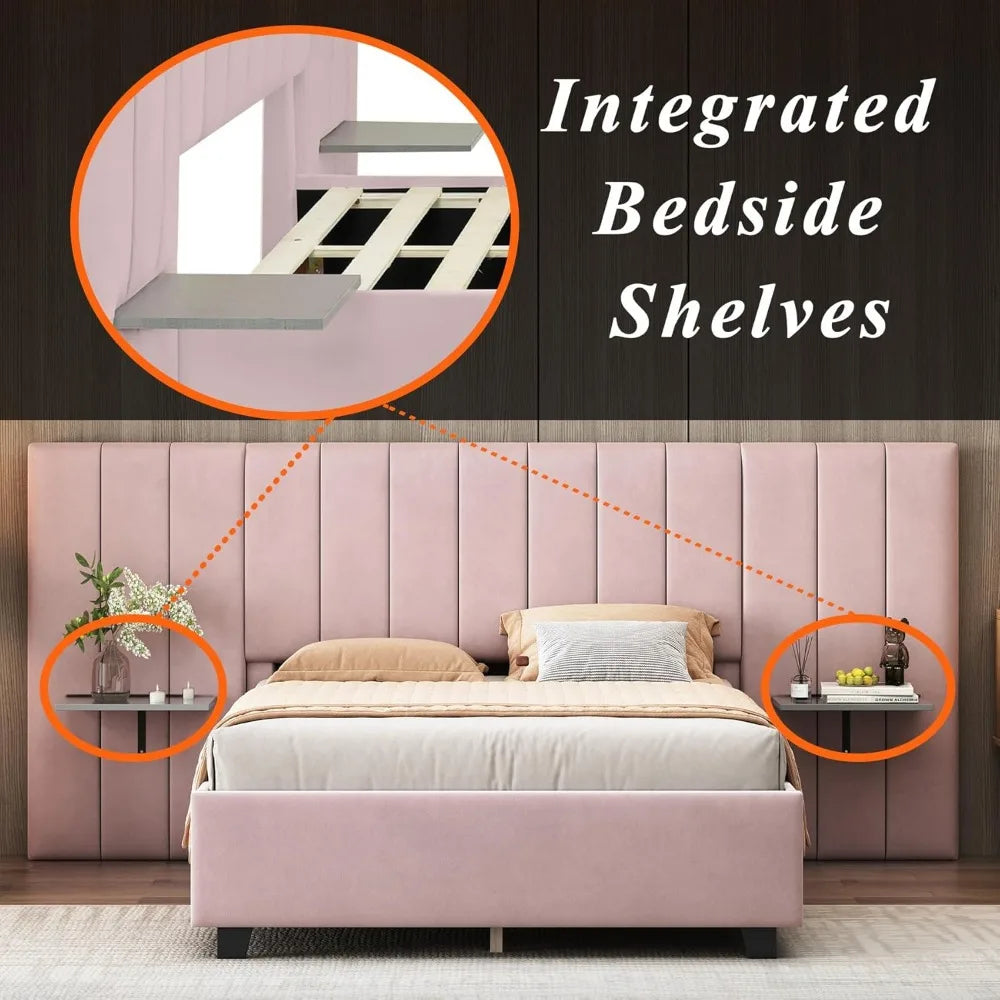 Luxury Bed Frame with Tall Headboard, Tall Upholstered Bed Frame Queen with Integrated Bedside Shelves, Modern Bed Frame & Soft