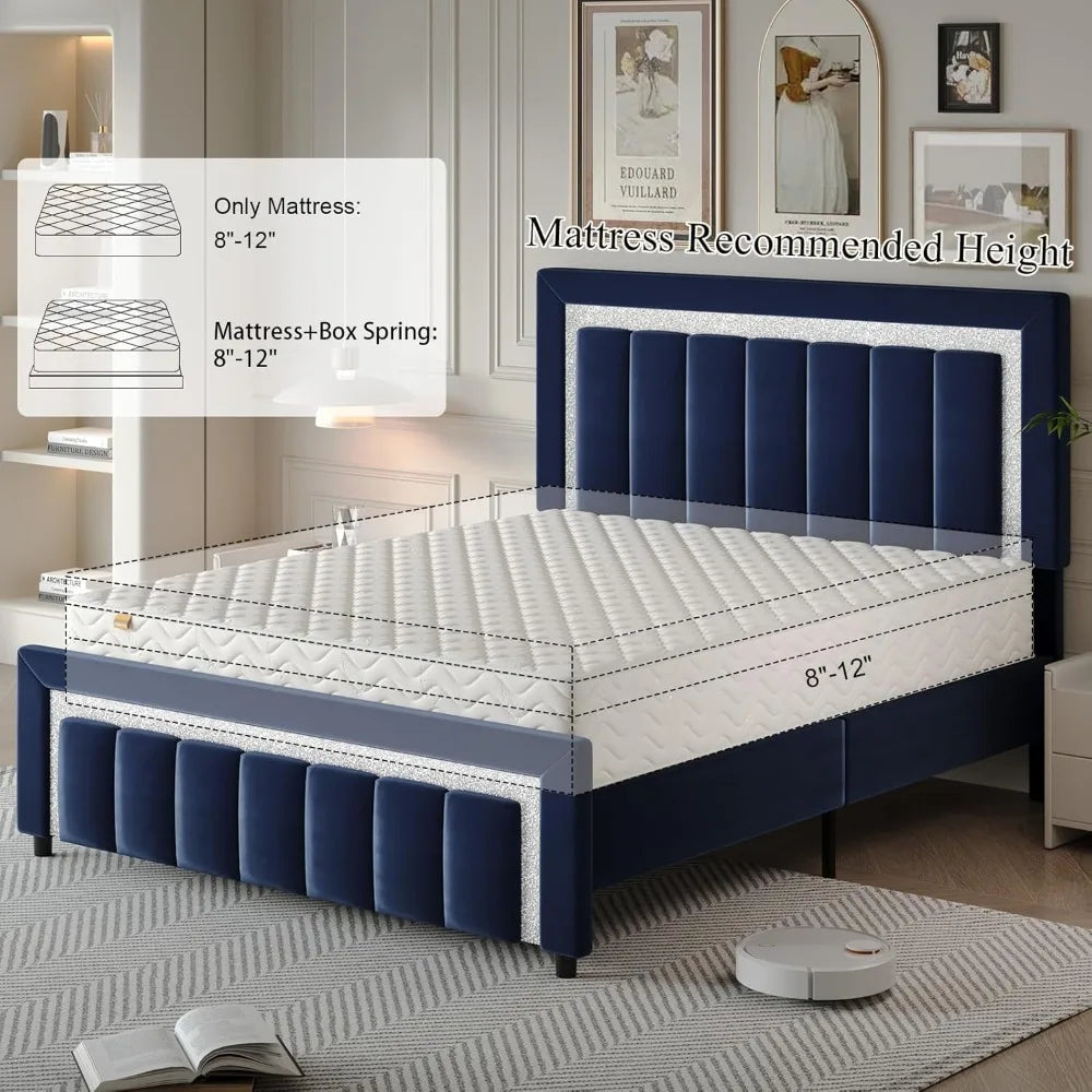 Queen Bed Frame with Headboard and Footboard and Footboard, Velvet Upholstered Platform Bed Frame with Diamond Design, No Box Sp