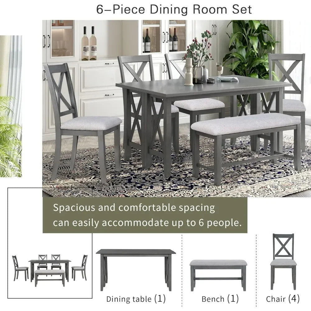 6 Pieces Dining Table Set, Wood Rectangle Table and 4 Chairs with Bench with Cushion, Kitchen Table Chairs Set