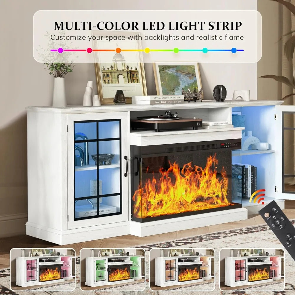 70'' Fireplace TV Stand, Farmhouse Entertainment Center with 3 Sided Glass TV Stand, Modern Media Console Table with Storage