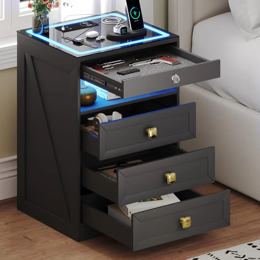 Smart Nightstand with Lockable Gun Drawer,Farmhouse Bedside Table with Charging Station and 3 LED Lights, Modern Night Stand