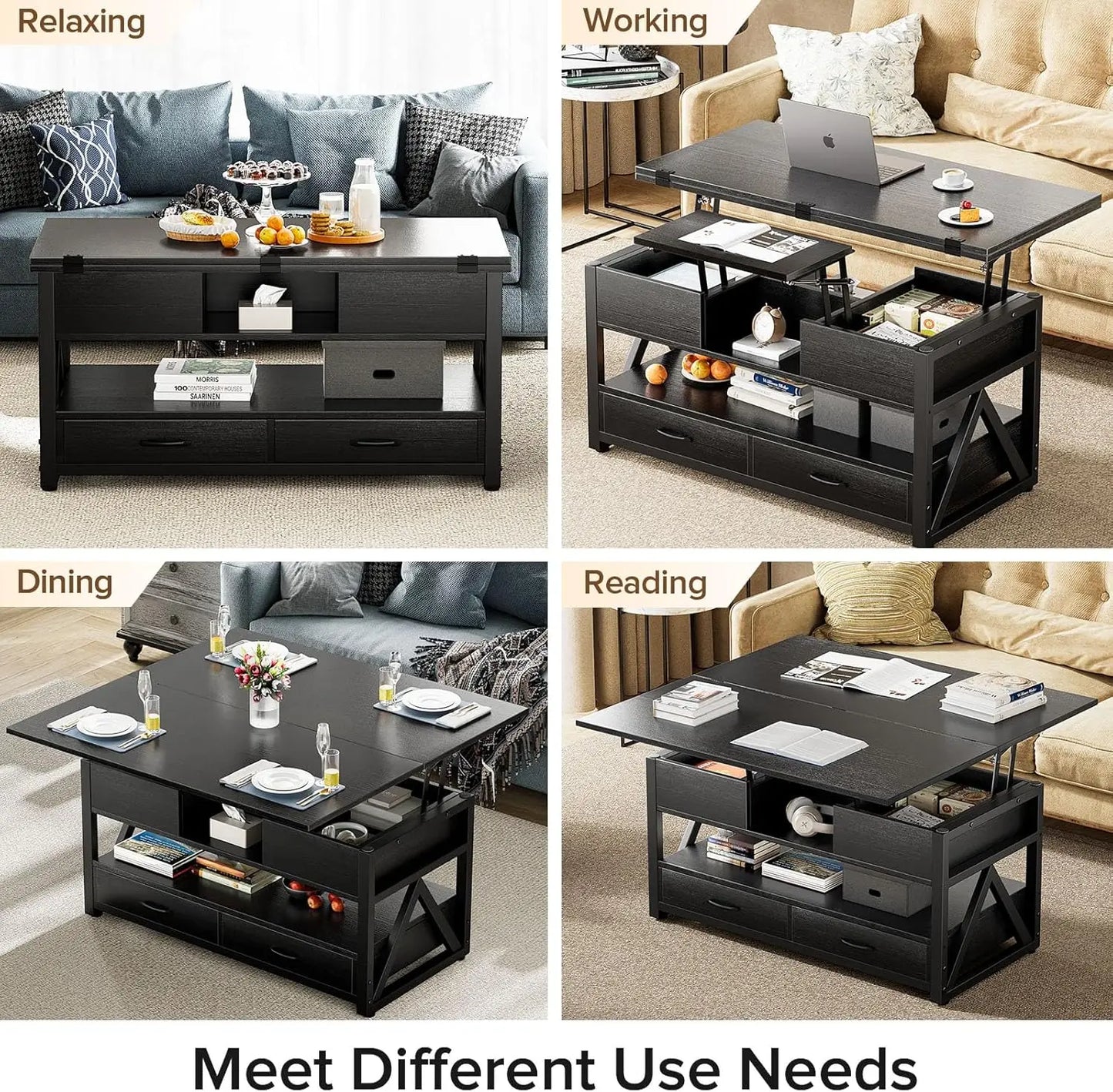 40Lift Top Coffee Table,4in1 Multi-Function Lift Coffee Tables with Storage Drawers and Hidden Compartmen,Farmhouse Coffee Table