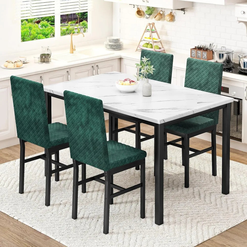 Dining Table and Chairs Set of 4, Faux Marble Dinner Table with 4 Upholstered Velvet Chairs, Kitchen Dining Room (White & Green