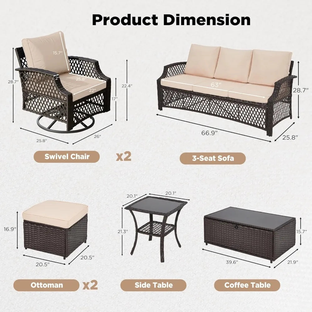 7-Piece Outdoor Patio Furniture Set with Wicker Swivel Chairs, Ottomans, and Storage Coffee Table